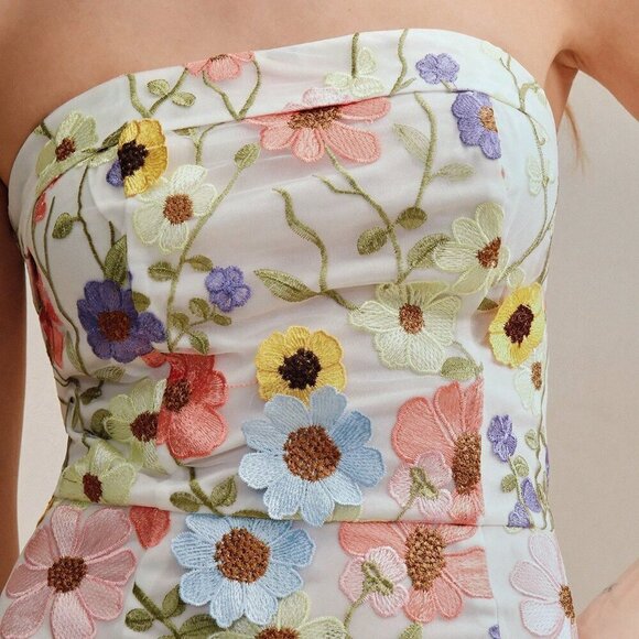 Pink Boho Women's 3d Floral Embroidered Mesh Bandeau Mini Dress - Picture 7 of 7